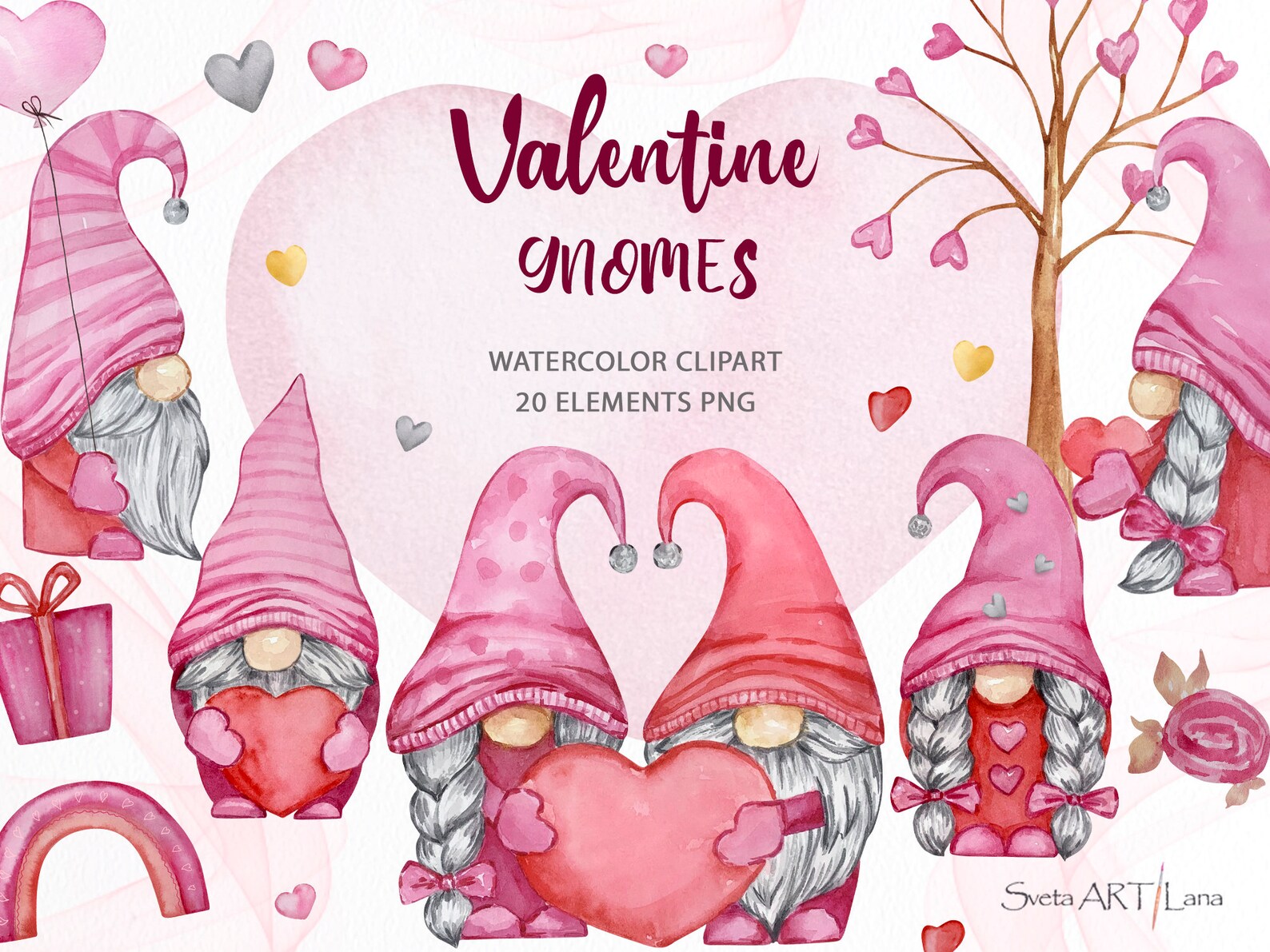 Valentine Pink Gnomes Clipart | Watercolor Valentines Day | Gnome ...