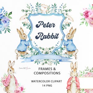Peter Kaninchen Clipart | Aquarell Blumen Kaninchen PNG | Beatrix Potter Kunstbilder | Niedliche Hasenrahmen | Baby Cliparts | Blumen-Rahmen