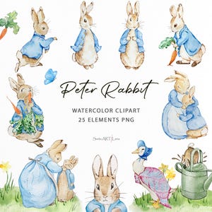 Clipart Peter Rabbit and Friends | Aquarelle de lapin PNG | Images artistiques de Beatrix Potter | Illustrations mignonnes de lapin | clipart chambre d'enfant