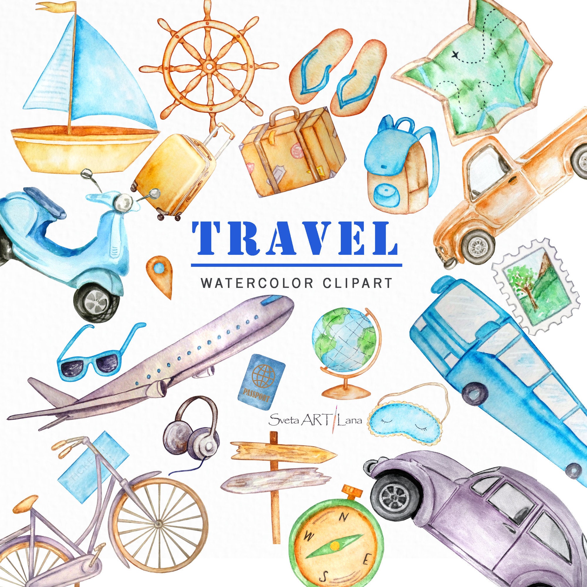 Watercolor Travel Vacation Clipart By FOXYdigitalart