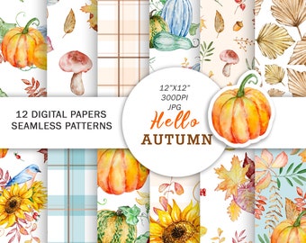 Watercolor Autumn Digital Paper | Pumpkin Watercolour scrapbook paper | Fall Leaf Seamless Pattern | Plaid digital Patterns | Rustic Pattern