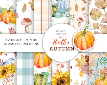 Watercolor Autumn Digital Papers | Pumpkin Watercolor Papers | Fall Seamless Patterns | Plaid Background | Farmhouse Papers | Autumn Leaves