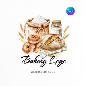 May include: A watercolour illustration of bakery goods, including bagels, bread, and a sack of flour. A jar of flour and wheat stalks are also present. The text "Bakery Logo" and "Watercolor Logo" are displayed below the bakery items.