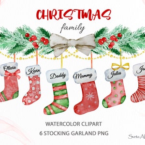 Clipart di famiglia con calza della Befana ad acquerello / Natale tradizionale / Ghirlanda di Natale / Calza della Befana con nome / clipart natalizia / Decorazioni per la cameretta dei bambini