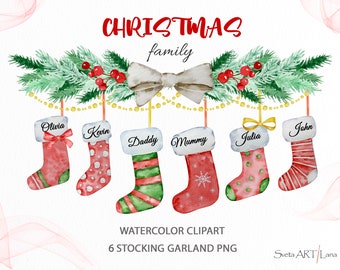 Könnte beinhalten: Eine Aquarellillustration einer weihnachtlichen Familiensocken-Girlande mit sechs hängenden Socken, die mit den Namen Olivia, Kevin, Daddy, Mummy, Julia und John versehen sind. Die Girlande enthält grüne Tannenzweige, rote Beeren und eine große beige Schleife.