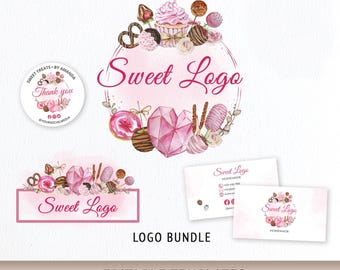 May include: A logo bundle featuring watercolor illustrations of sweets, including cupcakes, lollipops, and chocolate-covered treats. The main logo has a pink circular frame with the text "Sweet Logo". Includes business card and sticker designs.