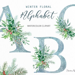 Alfabeto floral invernal en acuarela, clipart, letras de vegetación invernal, alfabeto floral navideño, iniciales de monograma, monograma de decoración de boda