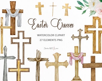 Watercolor cross clipart | Religious easter clipart png | Baptism wooden cross | Floral Cross sublimation png | First Communion baby clipart