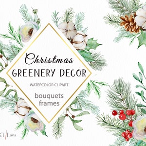 Molduras de aquarela de Natal com folhagens Clipart | Buquê de flores de inverno Clipart | Decoração de Natal png | Moldura de flores de inverno | Guirlanda de Natal
