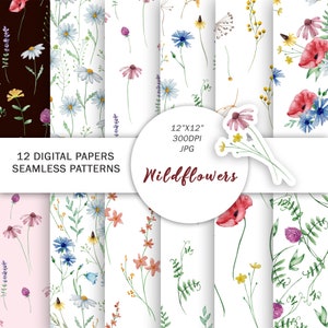 Papéis Digitais Florais Silvestres | Padrões de Flores Sem Costura | Clipart de Papéis Florais em Aquarela | Fundo de Prado | Papéis Botânicos Boho