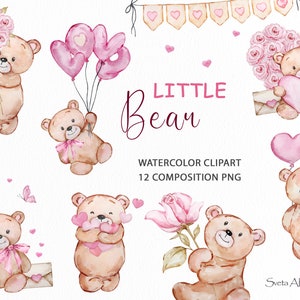 Clipart di San Valentino con orsetto di peluche / Orsetto acquerello png / Il mio primo San Valentino / Palloncini d'amore / Cuore di fiori carini ad acquerello png