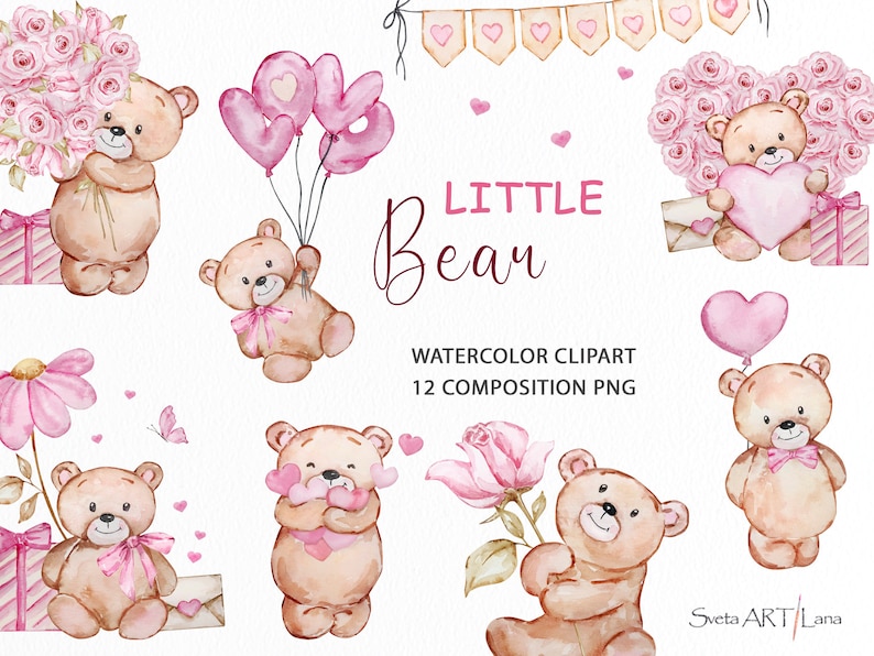 Teddy Bear Valentines Day Clipart | Watercolor Little Bear Png | My ...