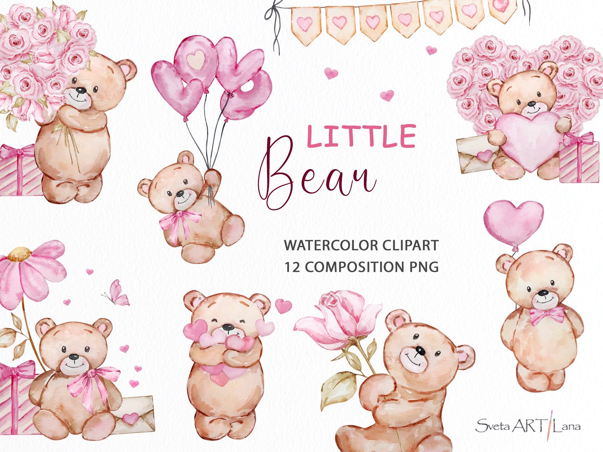 Teddy Bear Valentines Day Clipart | Watercolor Little Bear Png | My ...