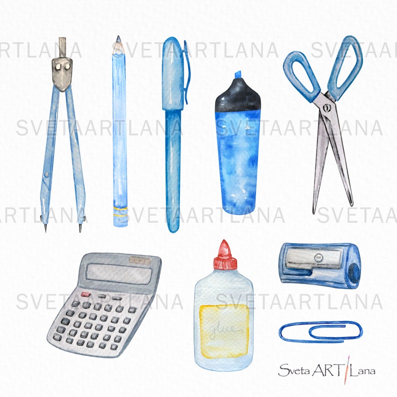 May include: Watercolor illustration of school supplies, including a compass, pencil, pen, highlighter, scissors, calculator, glue bottle, pencil sharpener, and paper clip. The items are in shades of blue and gray, with the text "Sveta ART Lana".