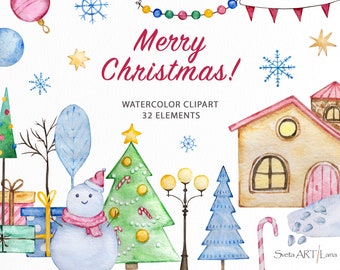 Christmas Town Clipart | Watercolor Winter Holidays | Merry Christmas Digital | Christmas City PNG | Christmas Tree | Cozy Winter town |