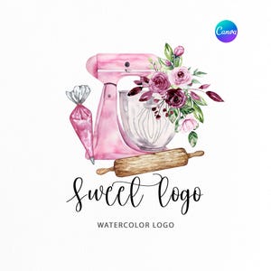Baking Logo Pink Mixer | Watercolor Premade Bakery Logo | Dessert Sweet Chef Logo Design | Business custom logo | Pastry Logo | Home Bakery