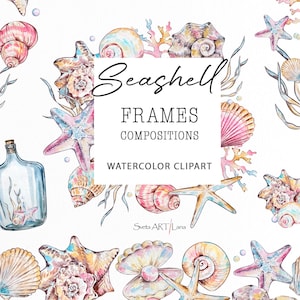 Aquarell Muscheln Rahmen Clipart | Nautische Clipart | Unterwasser Grenzen PNG | Sommer Clipart | Tropischer Kranz | Meer Clipart