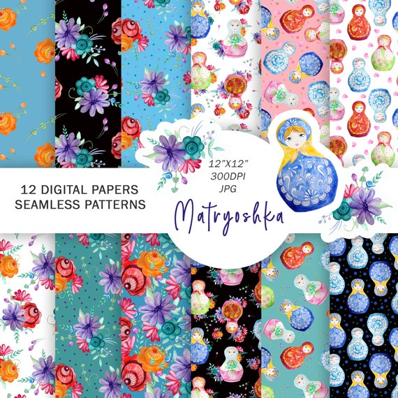 Matryoshka Digital Paper Nesting Dolls Patterns Russian Etsy