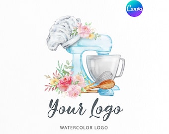 Premade Baking Logo Blue Mixer | Watercolor Bakery logo | Dessert Sweet Shef Logo Design | custom logo | Home Bakery Logo