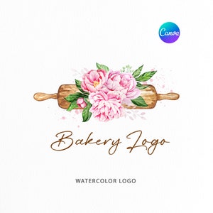 Bakery Rolling Pin Logo | Watercolor Bake Logo | Premade Baking Logo Design with peonies | Chef custom logo | sweet logo | home bakery logo