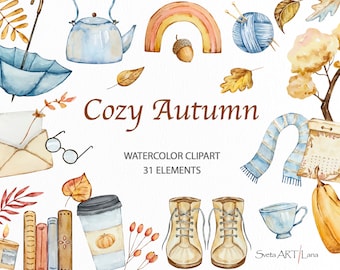 Clipart autunnale accogliente ad acquerello / Clipart di zucca / Buon Ringraziamento / Foglie gialle / Clipart di decorazioni autunnali / Estetica rustica da fattoria png