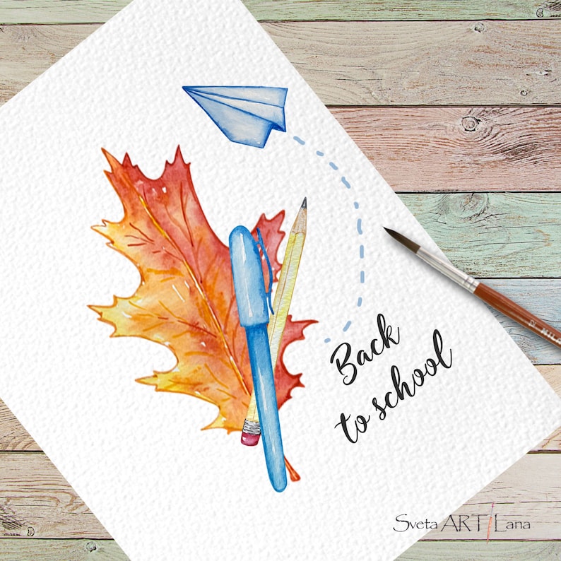 May include: A watercolor illustration of a blue pen, a yellow pencil, and a fall leaf with the text "Back to school" in black cursive writing. A paper airplane is flying above the supplies.