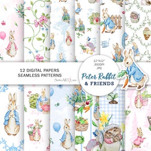 Peter Rabbit Digital Paper | Watercolor Peter Rabbit and Friends | Beatrix Potter Characters | Nursery prints | Peter Rabbit seamless papers