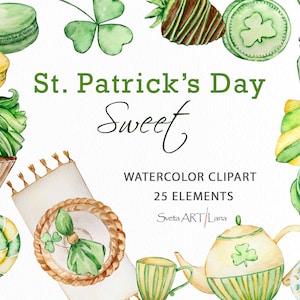 Könnte beinhalten: Aquarell-Clipart-Set mit 25 Elementen zum Thema St. Patrick's Day, darunter Cupcakes, Macarons, Lutscher, Teekannen, Kleeblätter und mehr. Perfekt für Basteln und digitales Design.