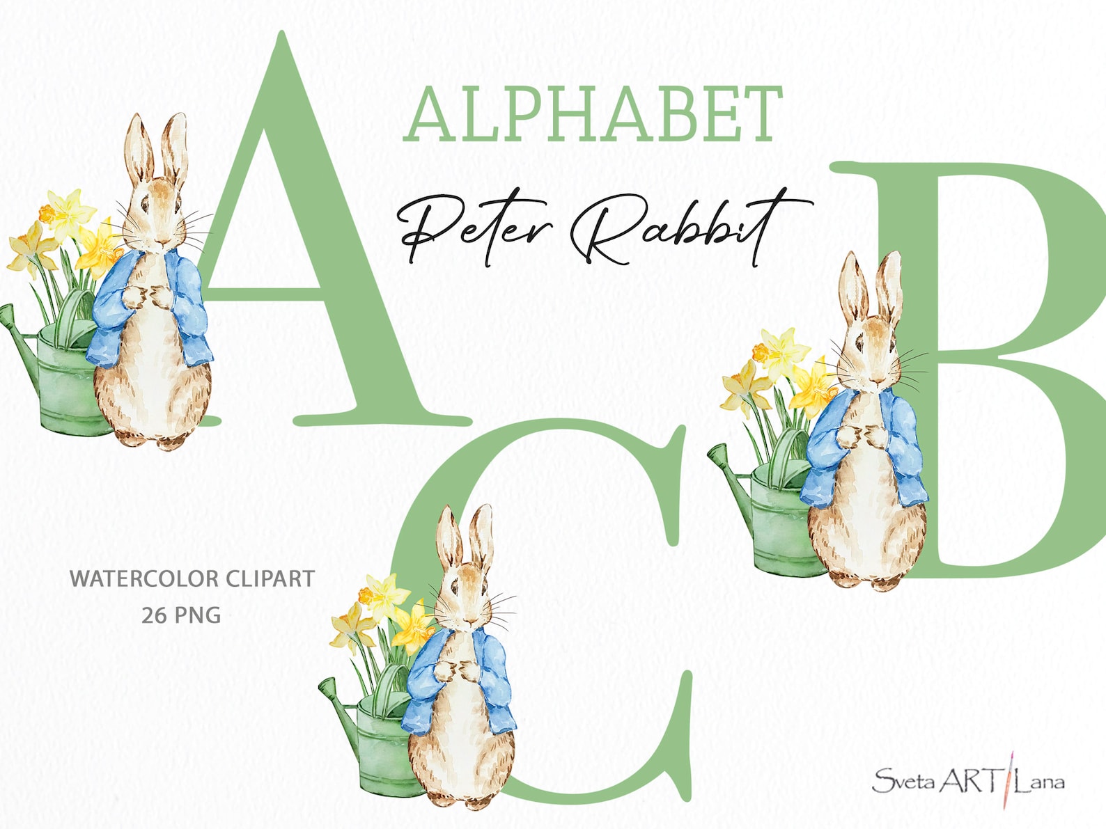 Peter Rabbit Lettering Peter Rabbit Green Alphabet Clipart | Watercolor Cute Bunny PNG | Peter ...
