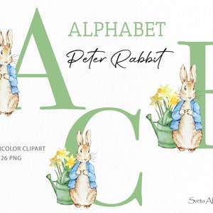 Peter Rabbit Green Alphabet Clipart / Acquerello Carino Coniglietto PNG / Peter Rabbit 26 Lettere / Narcisi Fiori Lettera / Monogramma Iniziali PNG