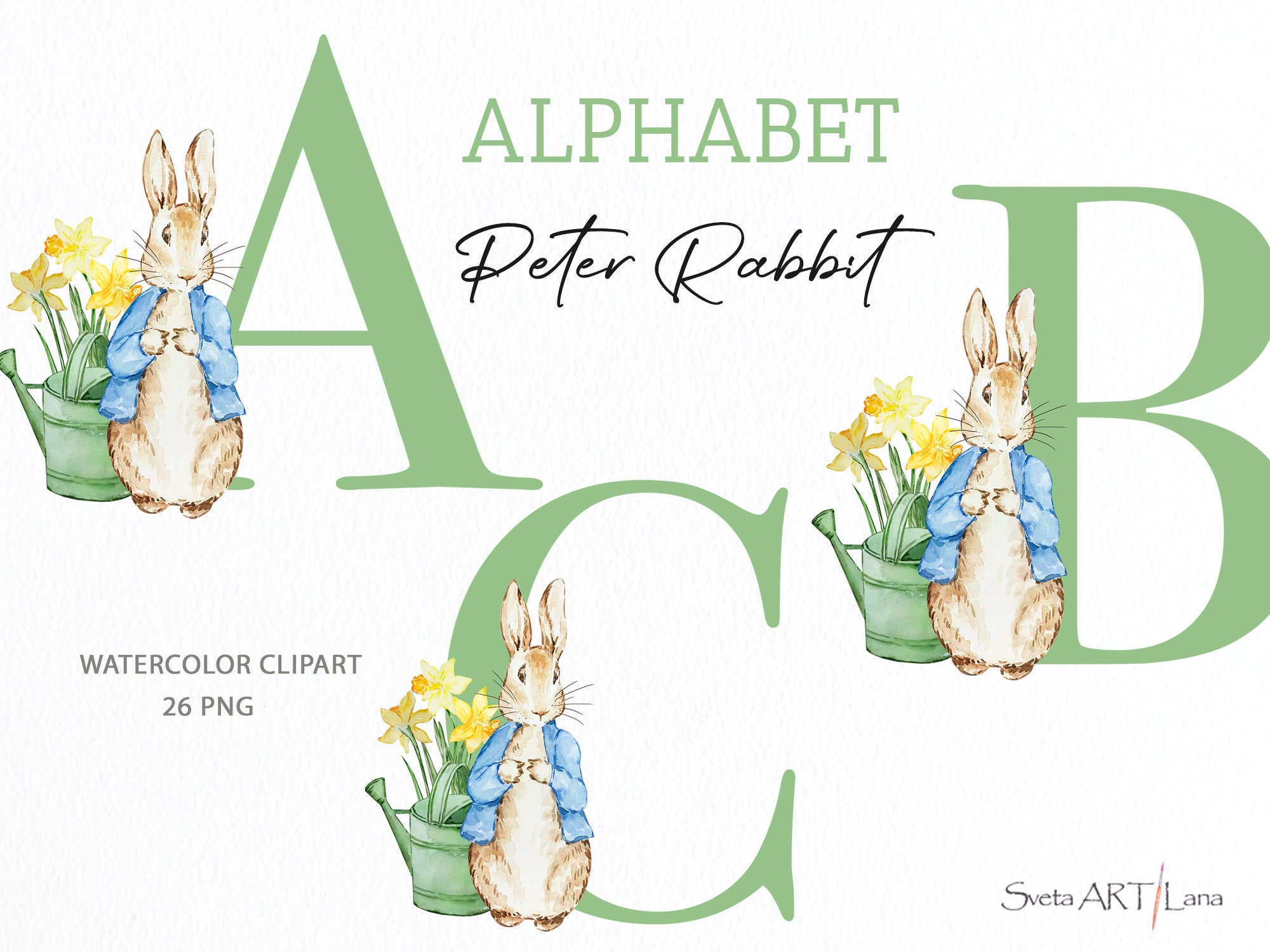 Peter Rabbit Sign Abc Peter Rabbit Green Alphabet Clipart | Watercolor Cute Bunny PNG | Peter ...