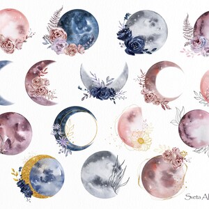 Watercolor Flower Moon Clipart. Floral Full Moon Illustration Mystic ...