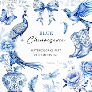 Chinoiserie bloemen clipart | Vintage bloemen | Blauwe bloem | Blauwe vlinder en libel | Vintage Victoriaans | Koninklijke Sierbloemen