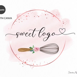 Baking Premade Logo Whisk | Bakery Watercolor Pink Logo | Kitchen Utensil Logo | Elegant Home Bakery Logo | Desserts Shop Logo | Chef logo