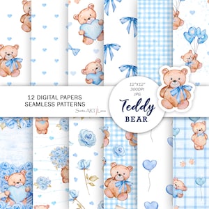 Papéis digitais de ursinho de pelúcia | Padrões sem emendas de ursinho de pelúcia azul aquarela | papel para berçário de bebê | ursinho de pelúcia boho | ursinho de pelúcia dia dos namorados