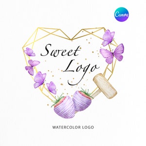 Bäckerei Logo Gold Herz Bruch | Erdbeer Lila überzogenes Logo | Lila Schmetterling | Süße Leckereien Logo Design | benutzerdefiniertes Logo