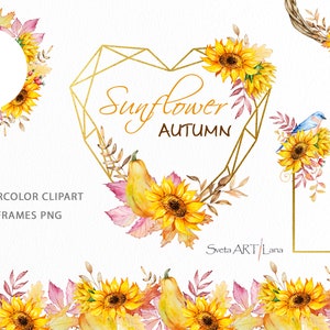 Sunflower Gold Frames Autumn clipart | Fall Pumpkin watercolor | Farmhouse boho floral Leaves | Rustic Border clipart | Thanksgiving clipart