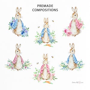 Clipart Peter Rabbit | Aquarel bloemen konijn png | Beatrix Potter-kunstafbeeldingen | Schattige konijntjeslijst | Bloemenlijst babykamer | WPRC78 afbeelding 3