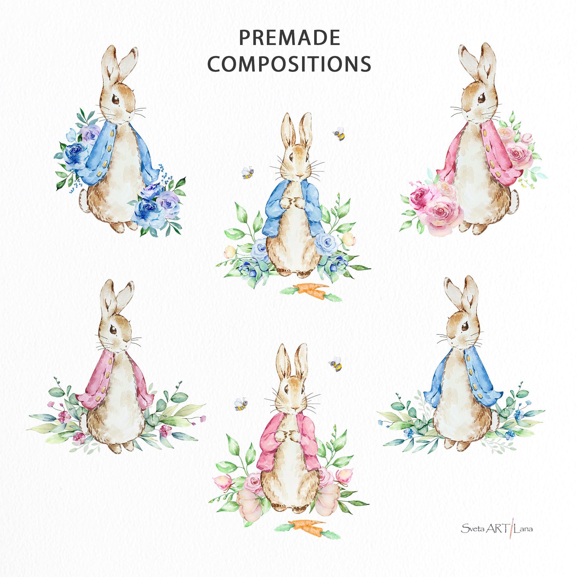 Peter Rabbit Clipart | Watercolor Floral Rabbit PNG | Beatrix Potter ...