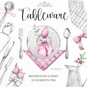 Puede incluir: Conjunto de clipart de acuarela de 32 elementos que incluye una variedad de artículos de mesa, como platos, servilletas, cubiertos, una jarra y un lazo. Los artículos están pintados en tonos grises y rosados.