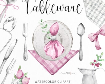 May include: A watercolor digital illustration set titled Tableware featuring a plate with a pink napkin, a fork, a spoon, a knife, a pitcher with berries, a plaid napkin, and bows. The text reads Tableware, Sveta ART/Lana, and Watercolor Clipart 32 Elements PNG.