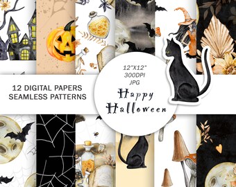 Halloween Digital Papers | Halloween Background | Pumpkin Digital Papers | Mystical Moon Seamless Patterns | Watercolor Halloween Papers Set