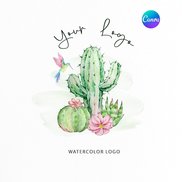 Watercolor Cactus Logo | Floral Custom Logo | Desert Boutique Watermark Logo | Modern Photography Logo | Elegant Flowers Logo | Hummingbird