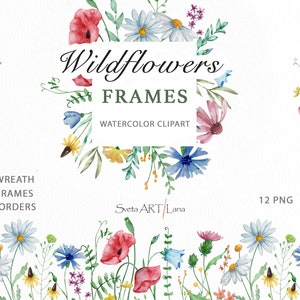 Watercolor Wildflowers Frames Clipart | Meadow Wedding Clipart | wildflowers wreath | Floral Spring | Summer Wildflower border | botanical