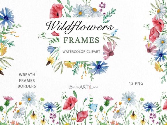 Watercolor Wildflowers Frames Meadow Clipart Wedding - Etsy