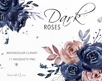 Boho Rose Flowers Bouquets Clipart | Watercolor Dark Blue Flowers Bouquets | Floral Compositions | Wedding Clipart | Boho Floral Clipart png