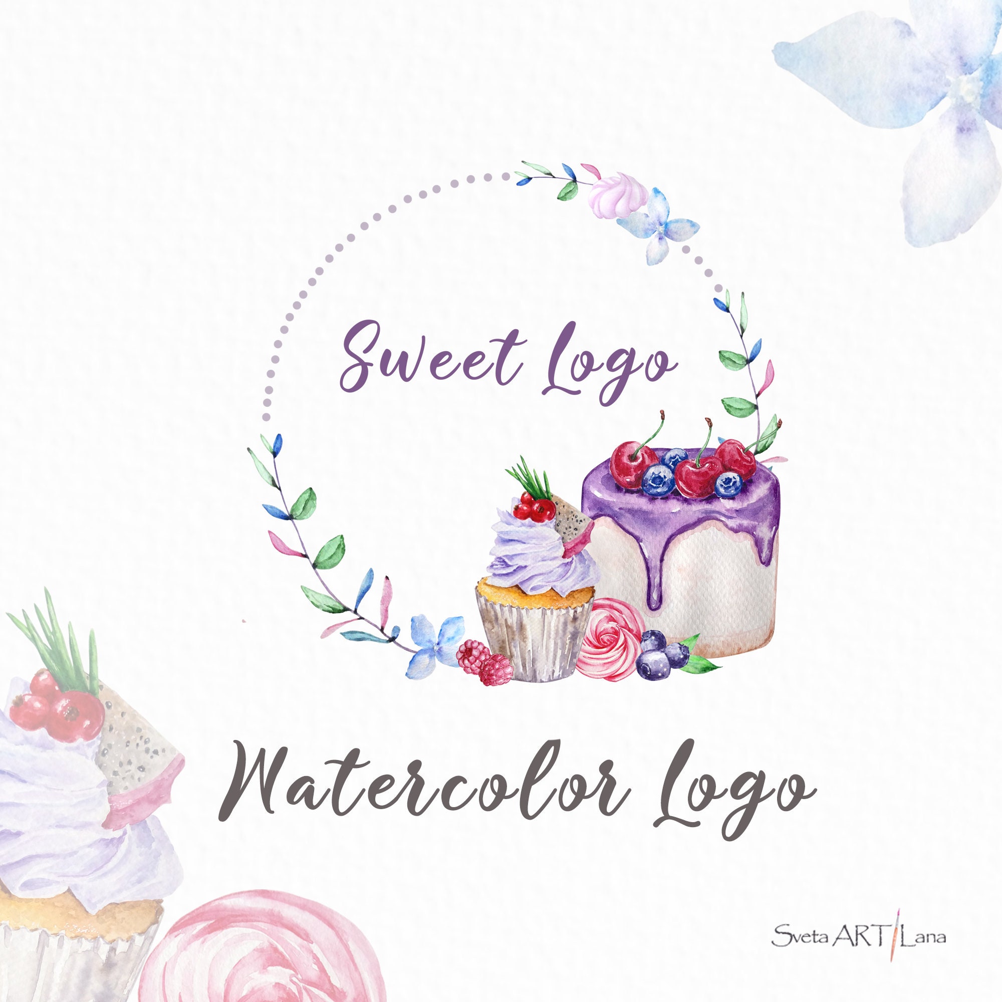 Premade Logo Cake Glitter, Watercolor Logo, Bakery By SvetaArtLana