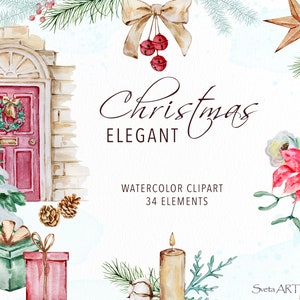Clipart floral navideño de acuarela / Navidad elegante / Diseño navideño clásico / Invierno estético / Clipart de vegetación / Vacaciones de invierno