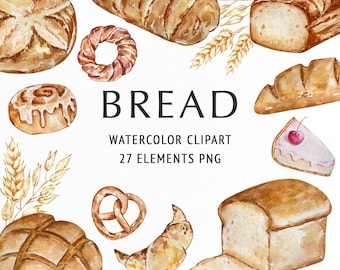 May include: A collection of watercolor illustrations featuring various types of bread, including loaves, a pretzel, a croissant, a cinnamon roll, and wheat stalks. The text reads BREAD WATERCOLOR CLIPART 27 ELEMENTS PNG and Sveta ART Lana.