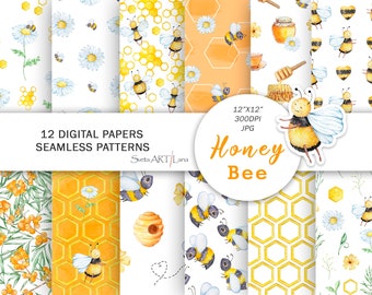 Watercolor Honey Bee digital paper | Bumble bee seamless pattern | Honeycomb pattern Sweet paper | Yellow background | watercolor chamomile